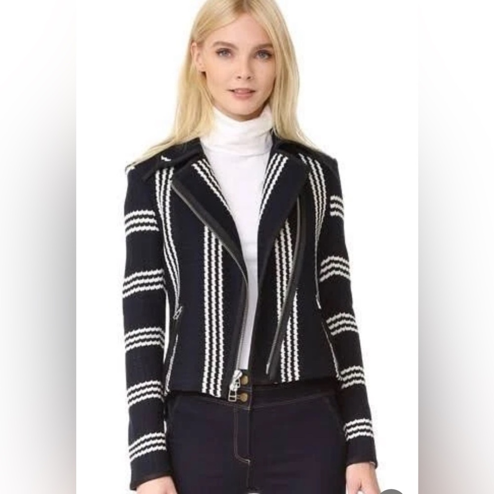 Veronica Beard Bailey Navy Striped Moto Knit Jacket in Navy/ White Size S
